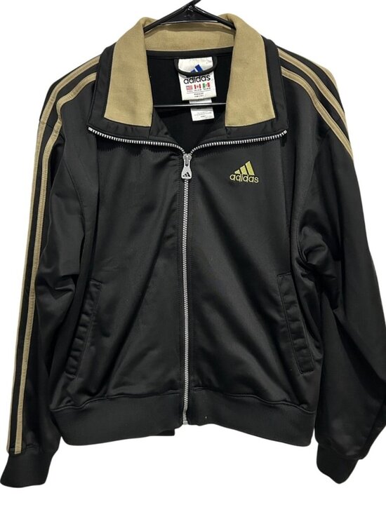 Adidas Mens Large Black Tan Full-Zip Track Jacket Retro Style Striped Sleeves - Picture 1 of 9